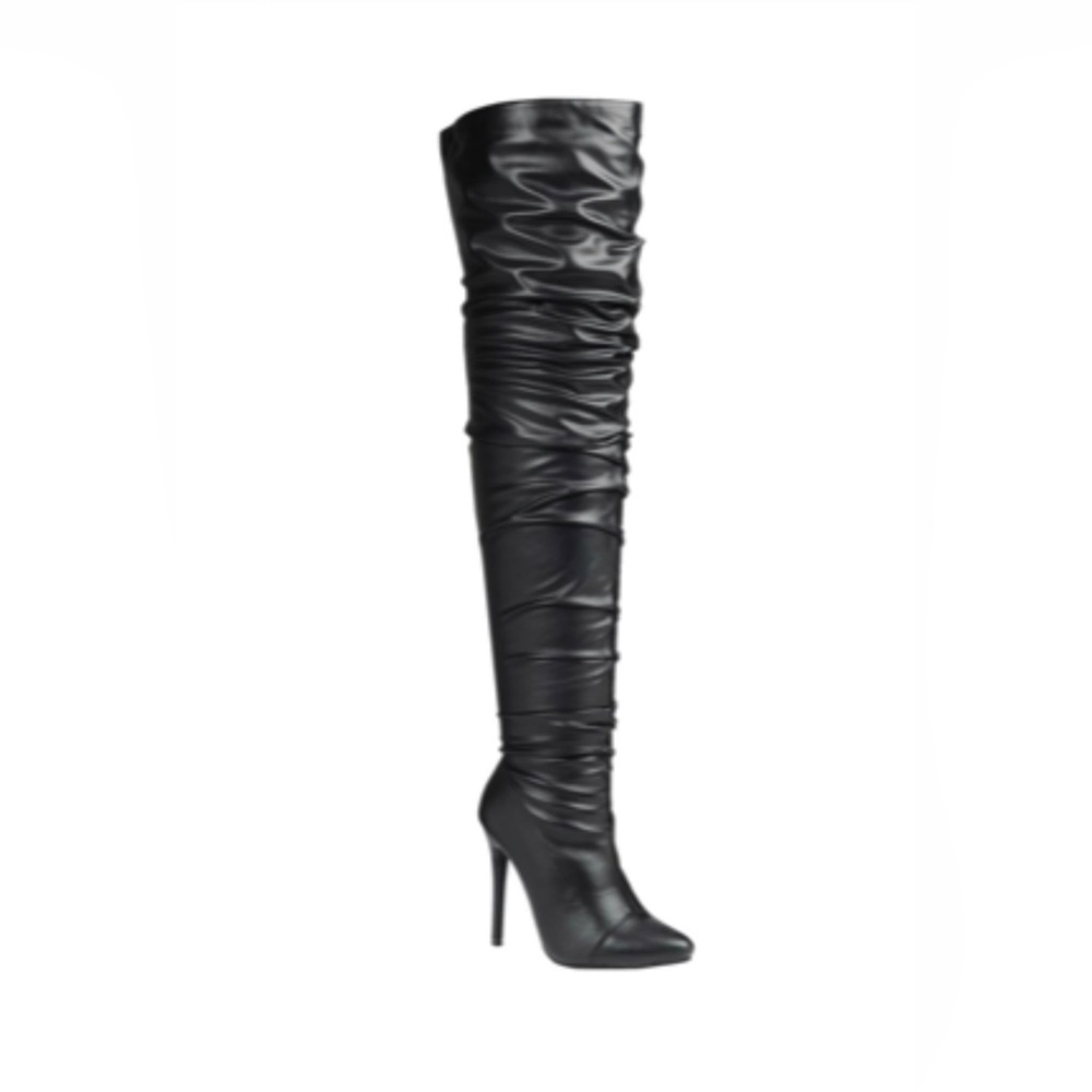 Thigh High Boot
3 1/2 inch Heel
PU Leather
Inner Zipper